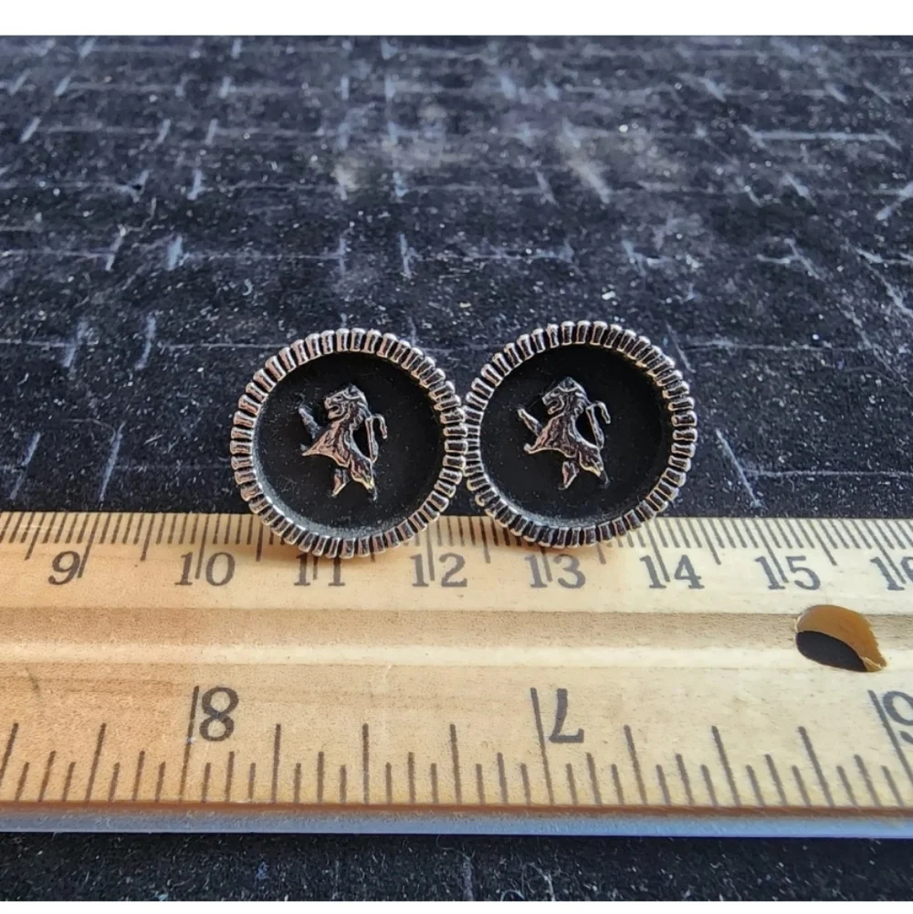 Vintage Cufflink Set Silver Tone Lion's On Enamel Used